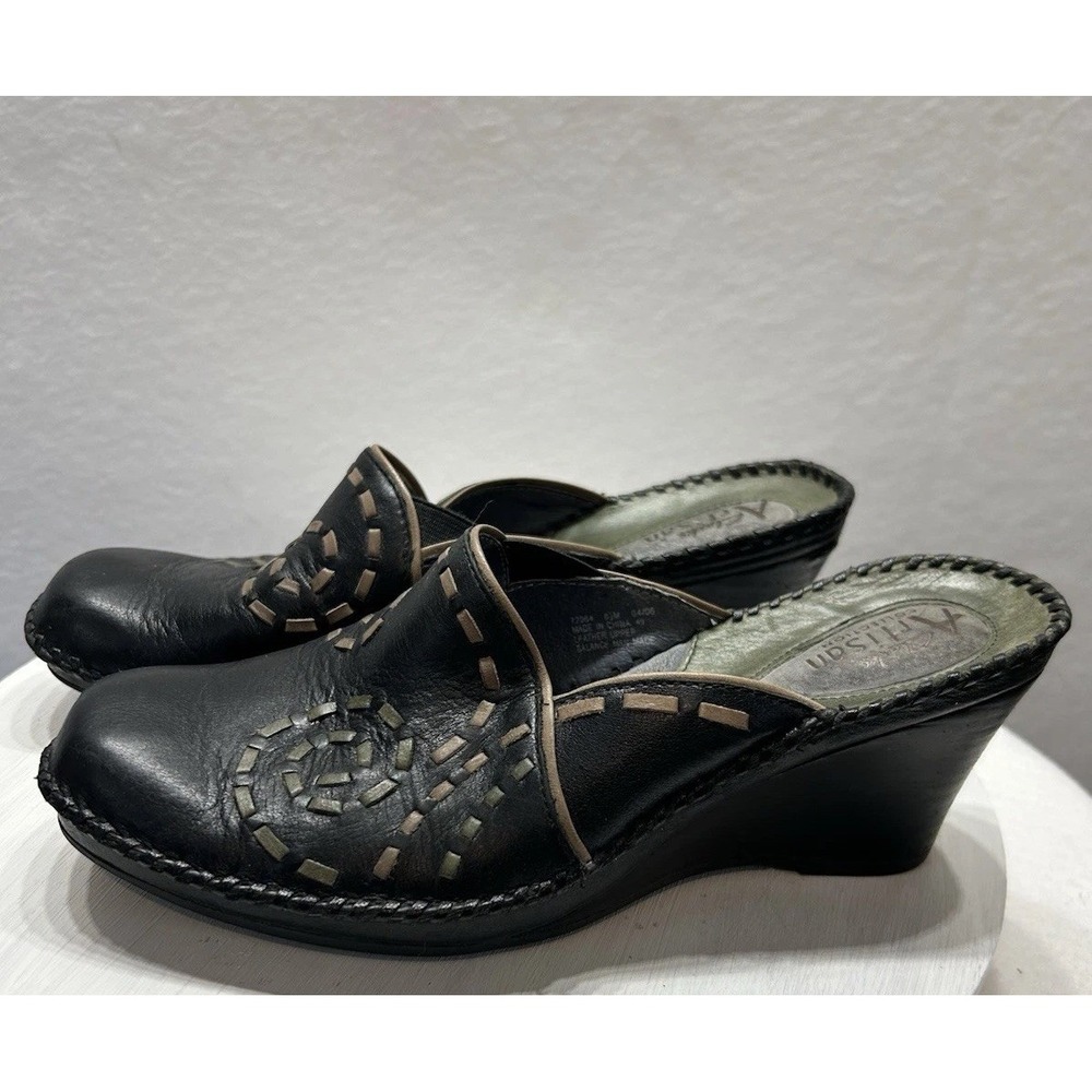 Clark Artisan Leather Mules Black Women's 6.5M Wedge Heels Slip On Clogs